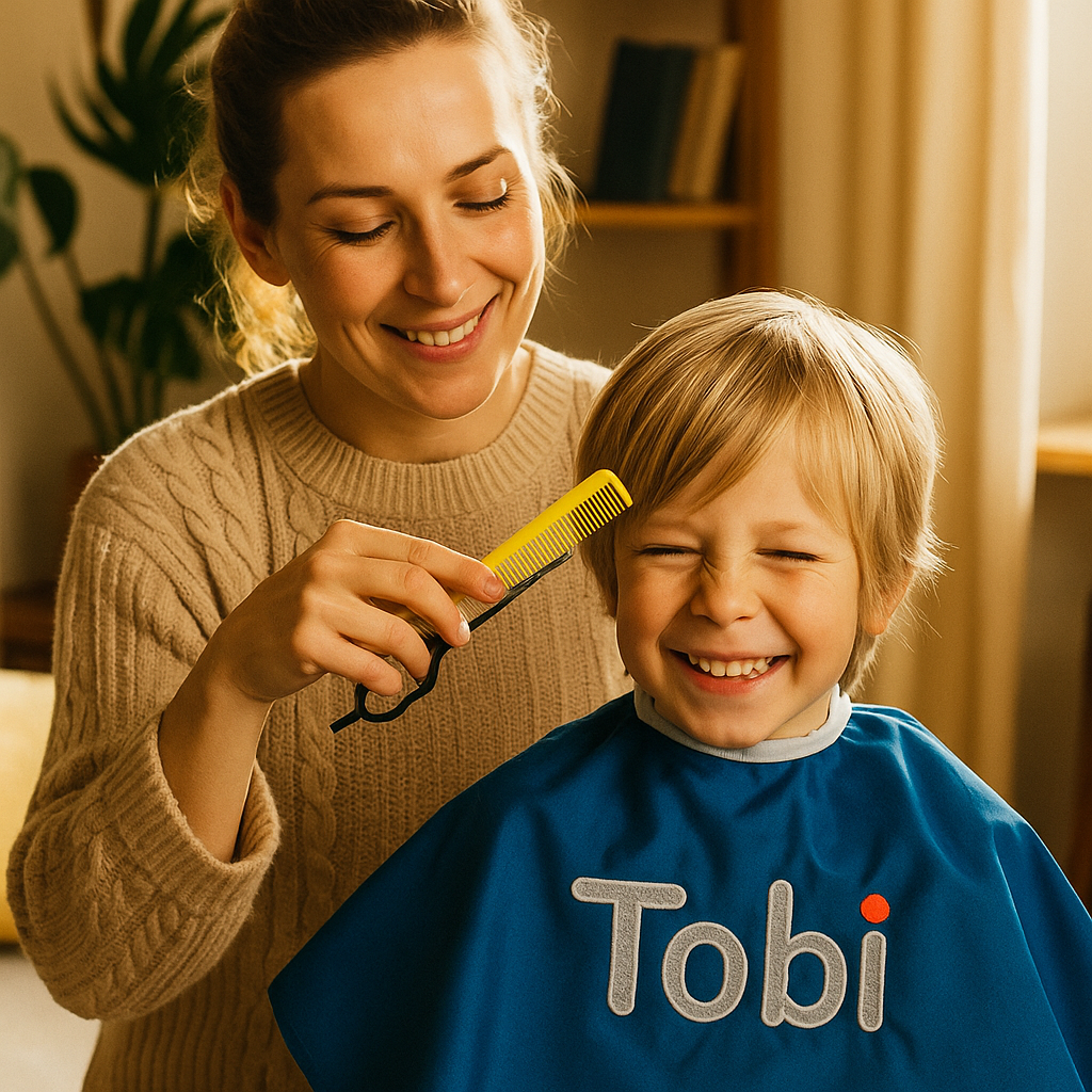 Mutter schneidet dem Kind liebevoll die Haare – entspannter Familienmoment