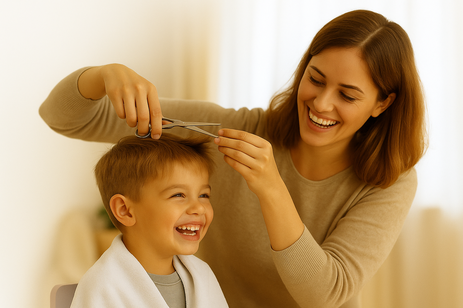 Mutter schneidet Kind liebevoll die Haare